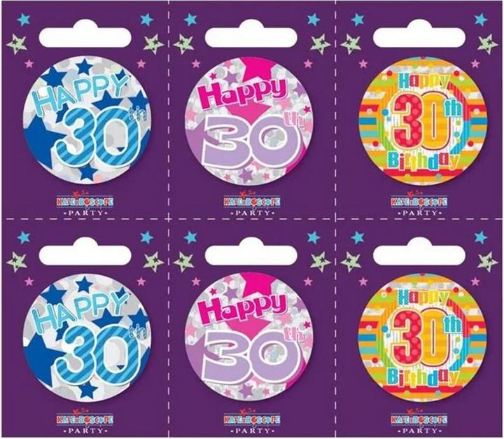 Kaleidoscope Sortierte Designs Abzeichen 30. Geburtstag 6erPack Karton