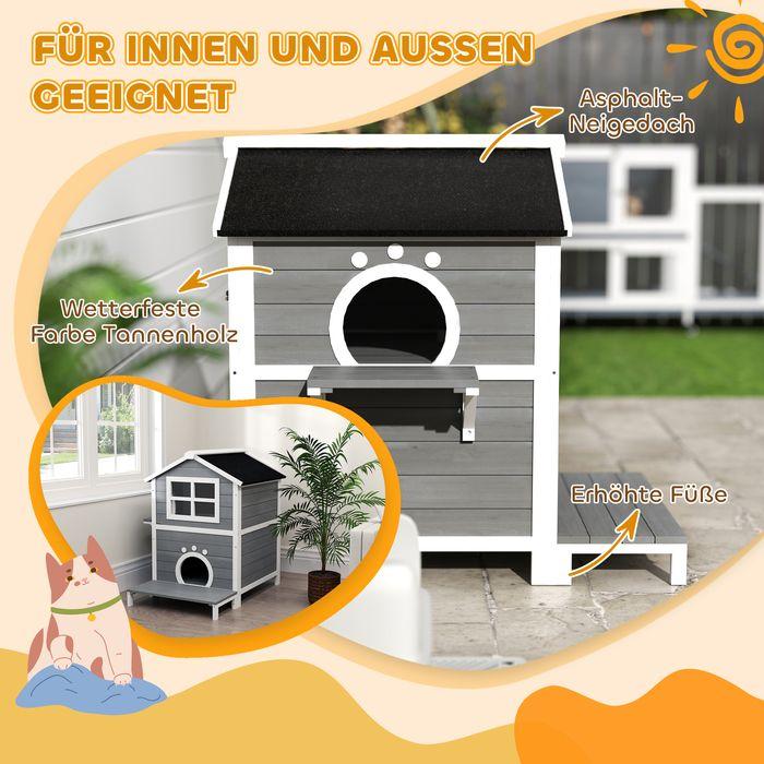 Actual product image Swisshandel24 Katzenhaus aus Holz Katzenhöhle mit Fenster, Balkon für Indoor, Outdoor Grau (Cat)