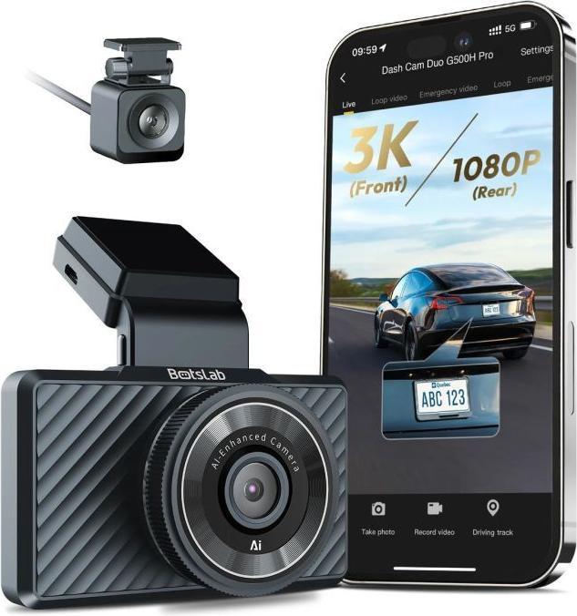 Immagine prodotto Botslab Dash + Rear Camera G500H Pro, 3K, GPS, Wi-Fi, LCD da 3 pollici, nero (Display integrato, Ricevitore GPS, WiFi, Full HD)