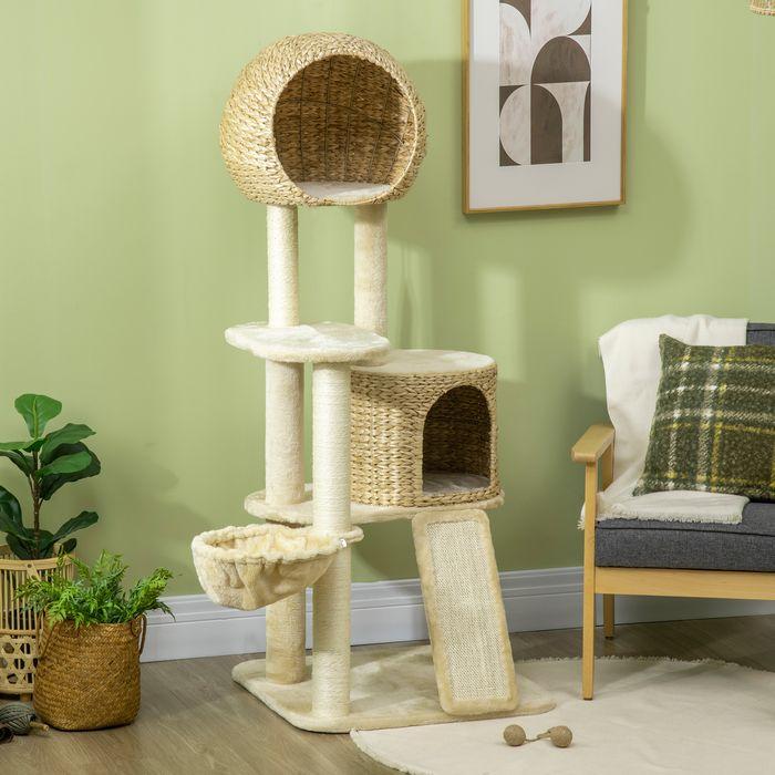 Image du produit Swisshandel24 Arbre à chat, 150 cm, arbre à chat avec maison pour chat, arbre à grimper avec hamac et rampe (150 cm, Marron, Crème)