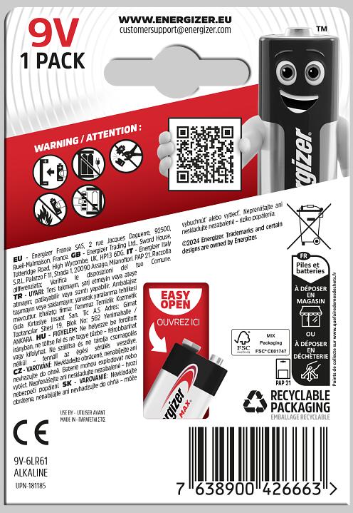 Immagine prodotto Energizer Max Alcalina (1 pz., 9V Block)