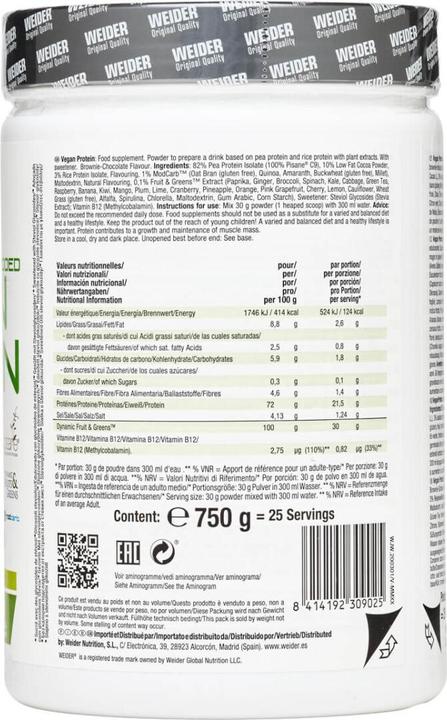 Nutritional values and ingredients Weider Vegan Protein (Strawberry, 750 g)