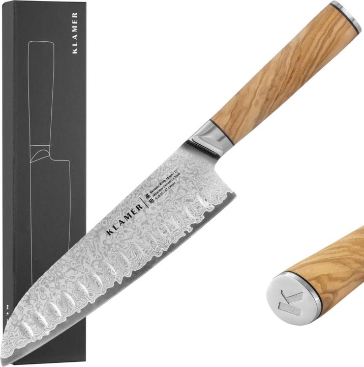 KLAMER Santoku Damastmesser Olive 18 cm Kochmesser (18 cm)