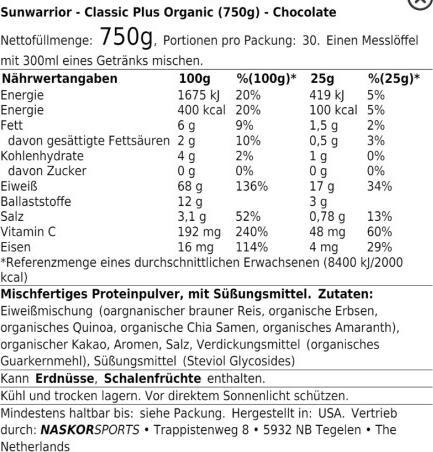 Valori nutrizionali e ingredienti Sunwarrior Proteine Classic Plus Bio (Cioccolato, 1 pz., 750 g)