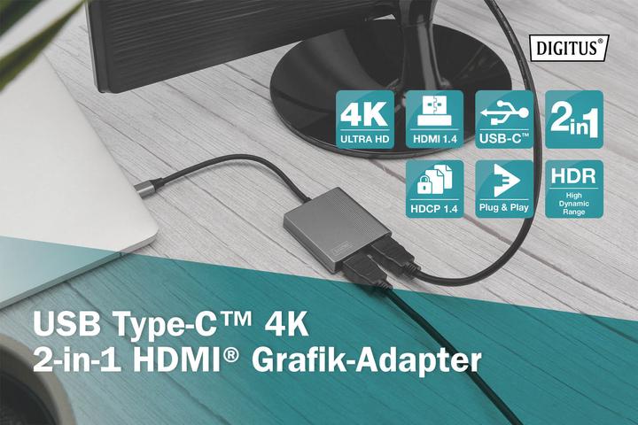 Image du produit Digitus Adaptateur graphique USB Type-C HDMI 4K 2-en-1 (USB-C, 6 cm)