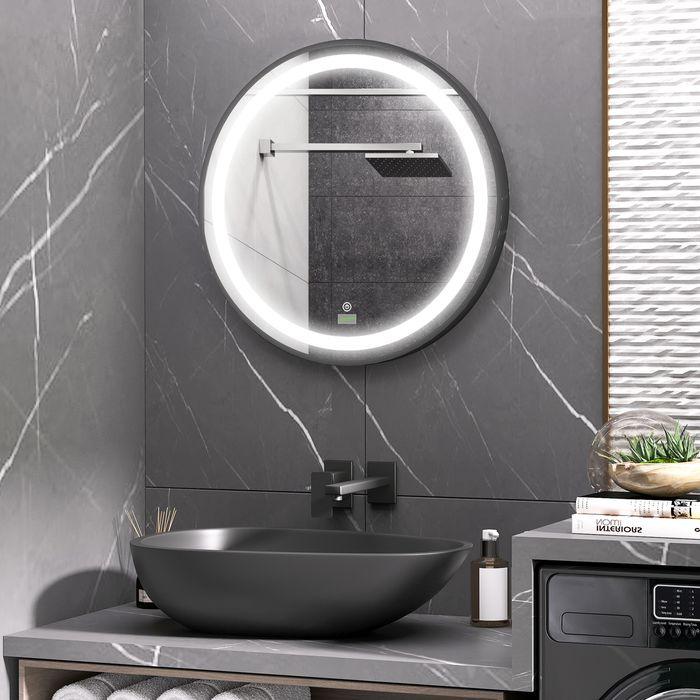 Produktbild Swisshandel24 Badezimmerspiegel, LED-Beleuchtung, dimmbar, 3 Lichtfarben, Metallrahmen, Ø60 cm, Schwarz (Ø 60 cm)