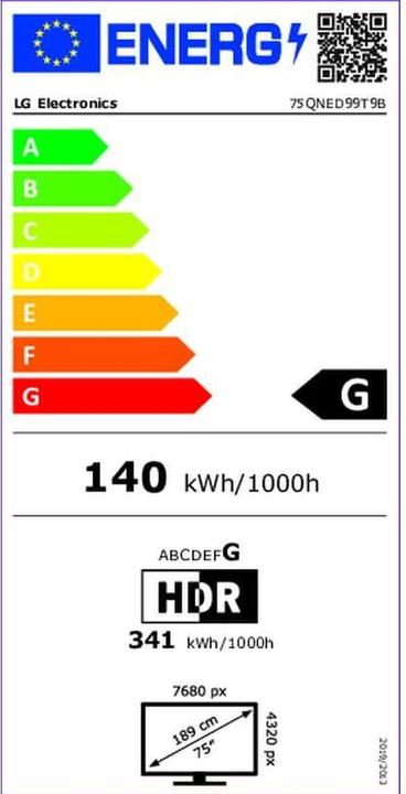 Etichetta energetica LG 75QNED99T9B.AVS (75", QNED99, QNED, 8K, 2024)