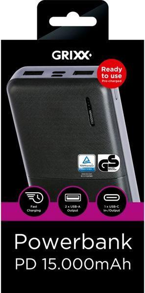 Actual product image Grixx Powerbank 15000mAh Power Delivery Micro USB & USB-C Black (15000 mAh, 55.50 Wh)
