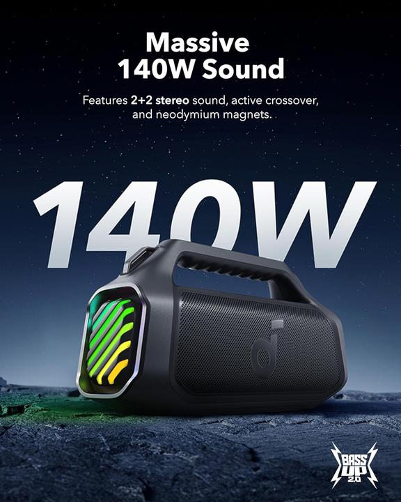 Actual product image soundcore Portable Speaker||Boom 2 Plus|Black|Portable/Wireless|A3134011 (20 h, USB power delivery, Rechargeable battery operated)