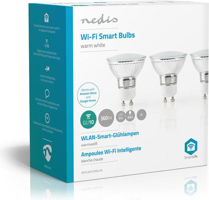 Actual product image Nedis SmartLife LED light bulb | Wi-Fi | GU10 | 330 lm | 5 W | Warm white | 2700 K | Energy class: A+ (GU10, 5 W, 330 lm, 3 x, G)