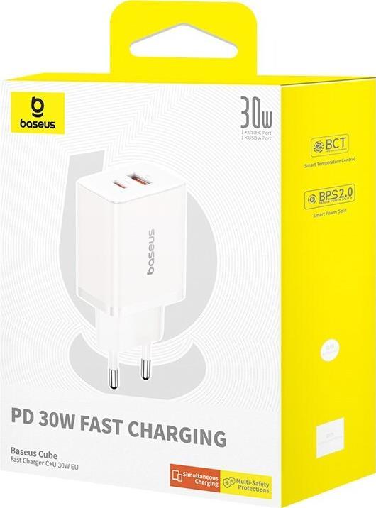 Actual product image Baseus Cube, 30W, 2.4A, 1 x USB-A - 1 x USB-C, white (30 W)