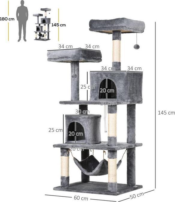 Image du produit Swisshandel24 Arbre à gratter Arbre à grimper Meubles pour chat Grotte à chat avec poteaux en sisal, 60 x 50 x (145 cm, Gris)