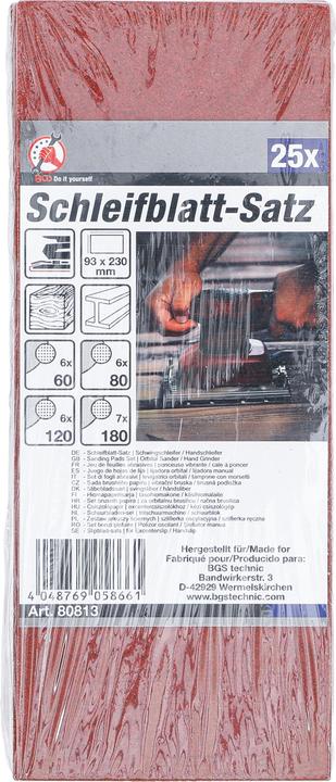 Produktbild BGS Schleifblatt-Satz für Schwingschleifer / Handschleifer 93 x 230 mm K 60 - 180 25-tlg. (K 60, K 180, K 80, K 120)