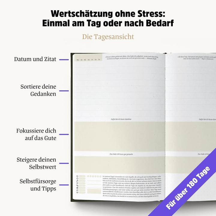 Nährwerte und Zutaten Selbstliebe- und Dankbarkeitstagebuch: Ein guter Tag