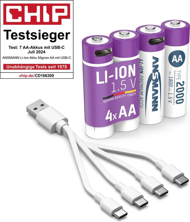 Productafbeelding Ansmann 1312-0036 Li-Ion oplaadbare batterijen Mignon AA type 2000 (min. 1800 mAh) 4-pak doos (4 Pcs., AA, 1800 mAh)