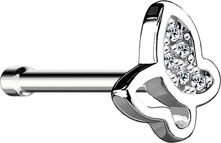 Star Piercing Nasenstecker gerade silber mit Schmetterling und Kristall (Chirurgenstahl 316L, Messing)