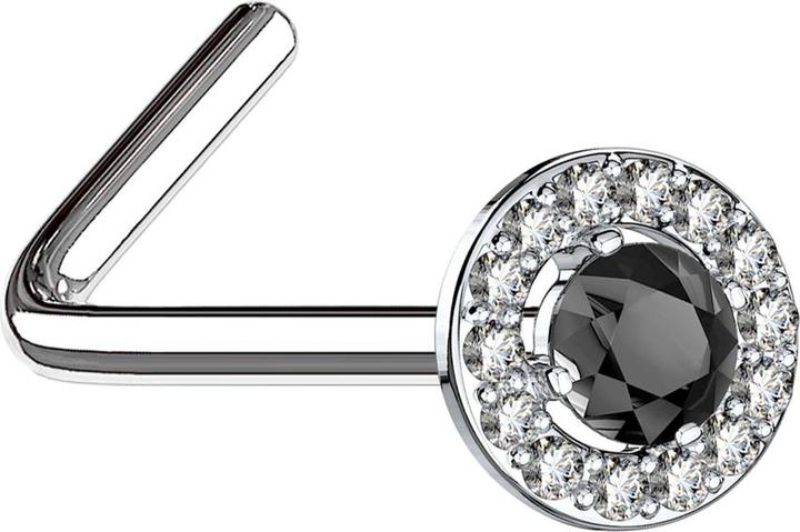 Produktbild Star Piercing Nasenstecker gewinkelt silber Kristallkreis mit grossem Kristall schwarz (Messing, Chirurgenstahl 316L)