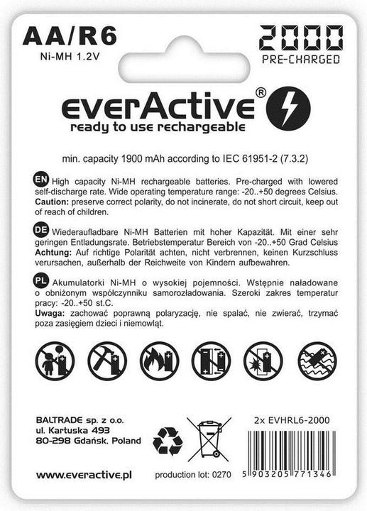 Produktbild Everactive Rechargeable batteries Ni-MH R6 AA 2000 mAh Silver Line - Batterie - Mignon (AA) (2 Stk., AA, 2000 mAh)