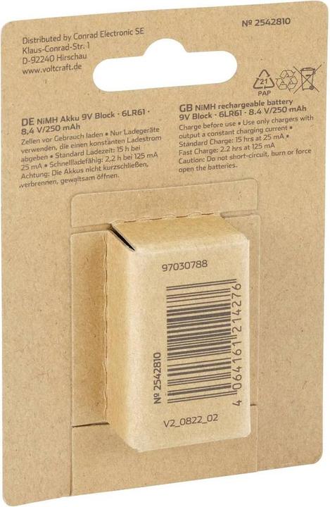 Immagine prodotto Voltcraft Batteria a blocco 9 V NiMH 250 mAh 8,4 1 pz. (1 pz., 9V Block, 250 mAh)