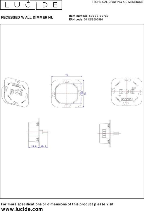 Image du produit Lucide RECESSED WALL DIMMER NL - Variateur - 300 Watt 230V - blanc 50000/00/30