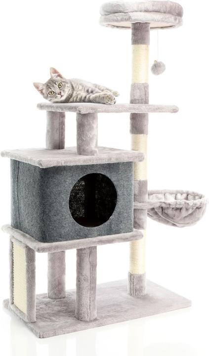 Immagine prodotto Fudajo Albero per gatti grigio chiaro Albero da graffiare alto 112 cm con casetta per gatti e nicchia per (112 cm, Grigio chiaro)