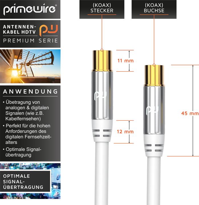 Actual product image Primewire Antenna cable HDTV | Premium coaxial cable 135dB / 75 Ohm | FullHD / 4K Ultra HD | TV cable (135 dB, Antenna cable)