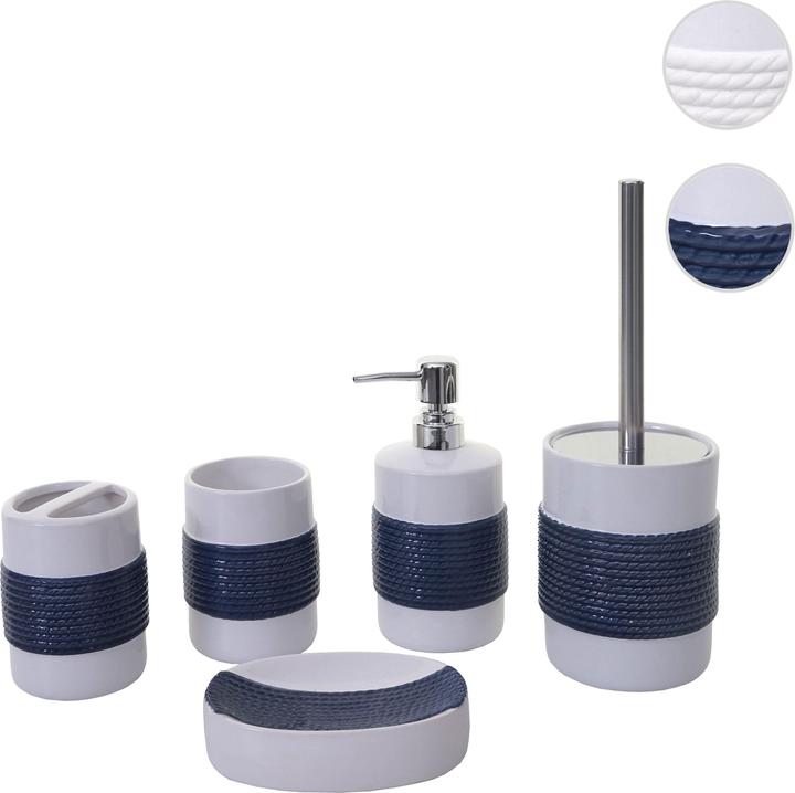 Immagine prodotto Swisshandel24 Set bagno da 5 pezzi, set WC Accessori da bagno, ceramica - blu/bianco