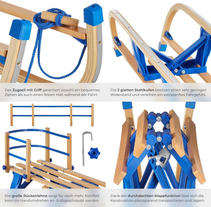 Image du produit tectake Holzschlitten Vivian, klappbar mit Rückenlehne und Zugseil