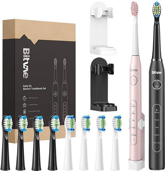 Bitvae Sonic toothbrushes with tips set and 2 toothbrush holders D2+D2 (pink and black) (Schallzahnbürste)