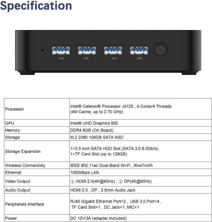 Produktbild Minisforum GK41 Mini-PC (Celeron J4125, 8GB Ram, 128GB SSD) (Intel Celeron J4125, 8 GB, 128 GB, Intel UHD Graphics, UHD Graphics 600)