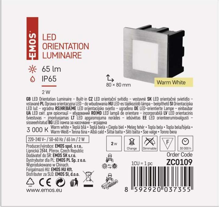 Image du produit Emos Luminaire LED pour escalier - encastré 80×80, 1,5W blanc chaud IP65 (65 lm)