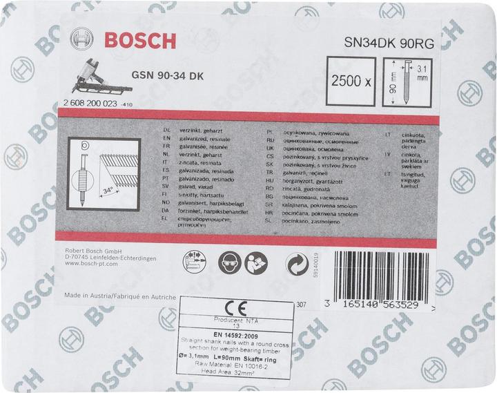 Valeurs nutritives et ingrédients Bosch Professional Zubehör Clou en bande à tête en D SN34DK 90RG, 3,1 mm, 90 mm, galvanisé, rainuré