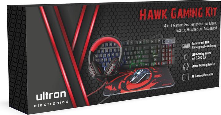 Produktbild Ultron HAWK Gaming Kit 4in1 (Tastatur+Maus+MausPad+Headset) (DE, Kabelgebunden)