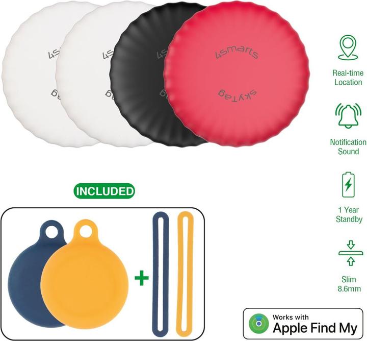 Produktbild 4smarts SkyTag Slim 4er Set 2x weiss, 1x schwarz, 1x rot (iOS)