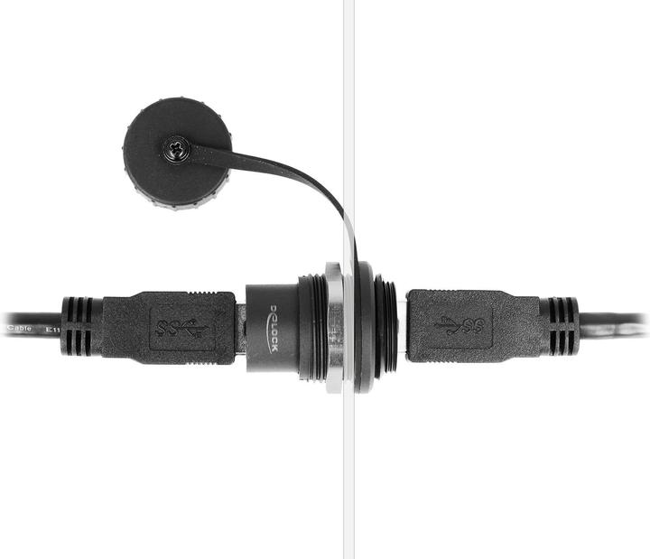 Actual product image Delock USB 3.2 Gen 1 Type-A panel jack with sealing cap IP67 dust- and waterproof