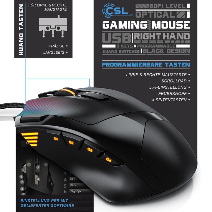 Produktbild CSL Gaming Maus kabelgebunden, 125 dpi, optische Gaming Maus, Farbwechsel, 9 Tasten, 600 bis 4800dpi (Kabelgebunden)