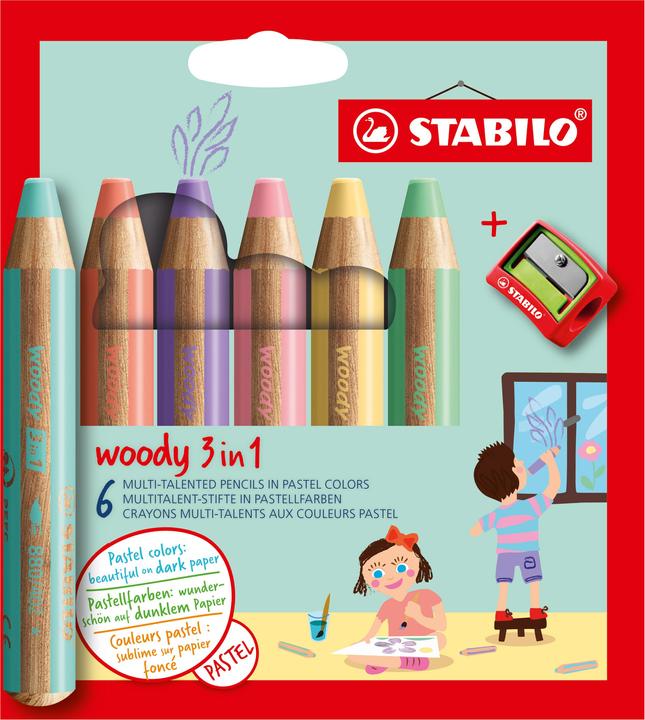 STABILO woody 3 in 1 Buntstift mit Spitzer (Pastellfarben, 6 x)
