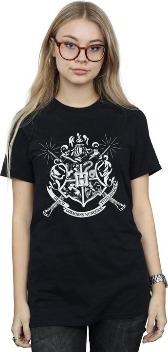 Actual product image Womens/Ladies Hogwarts Badge Wands Cotton Boyfriend T-Shirt (L)