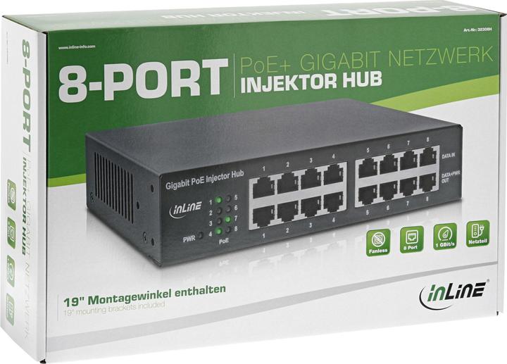 Produktbild InLine PoE+ Gigabit Injektor Hub 8 Port (8x PoE+) (802.3at (PoE+), 802.3af (PoE), 802.3bt (PoE++), 120 W)