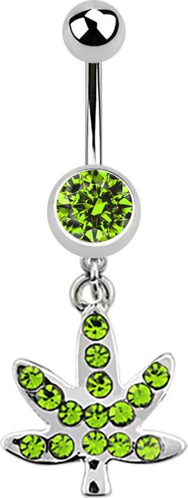 Actual product image Star Piercing Banana silver with pendant hemp leaf and crystal light green (Surgical steel 316L, without brass)