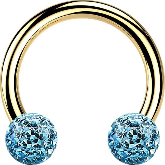 Star Piercing Micro Circular Barbell vergoldet mit zwei Kristall Kugeln aqua Epoxy Schutzschicht (ohne Messing, Titan G23)