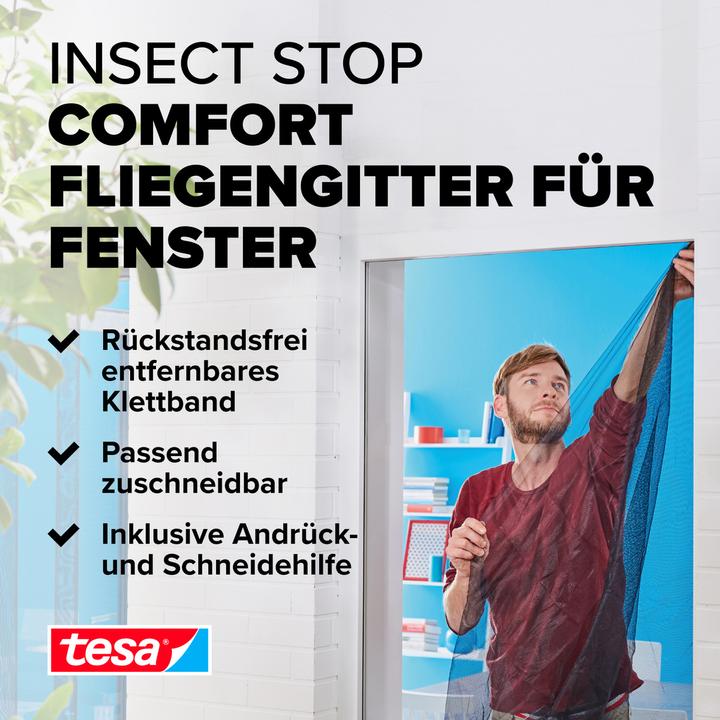 Produktbild tesa 2x Insektenschutz COMFORT für Fenster, mit Klettband, selbstklebend, ohne Bohren (130 x 150 cm)