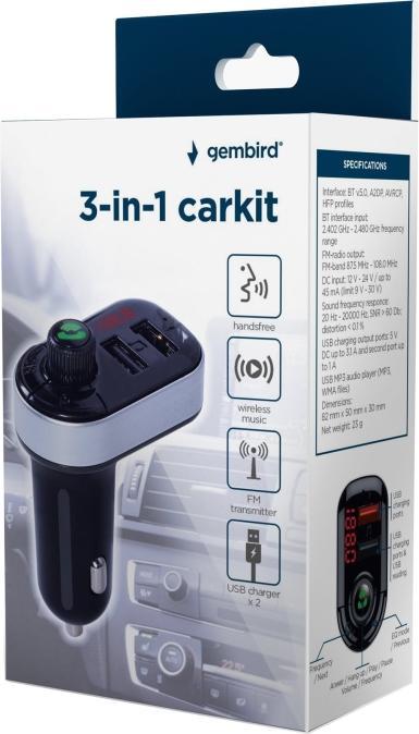 Immagine prodotto Gembird Caricatore Mobile Per Auto USB 3in1/Trasmettitore Fm Btt-05