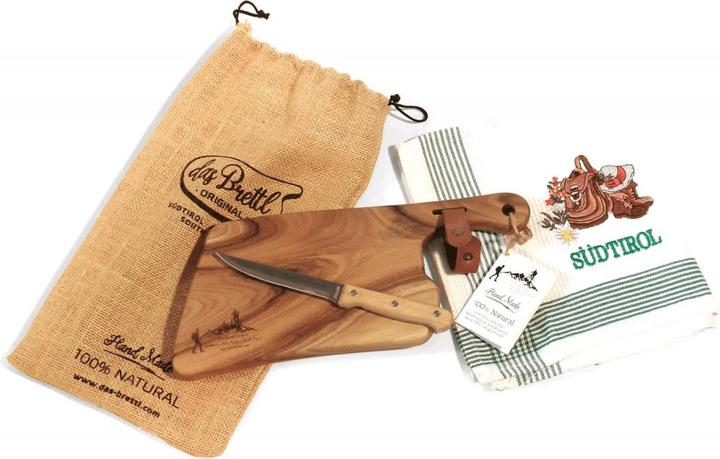 Image du produit Das Brettl Alpen Kit Planche à découper Kit en bois de noyer avec couteau et set de table