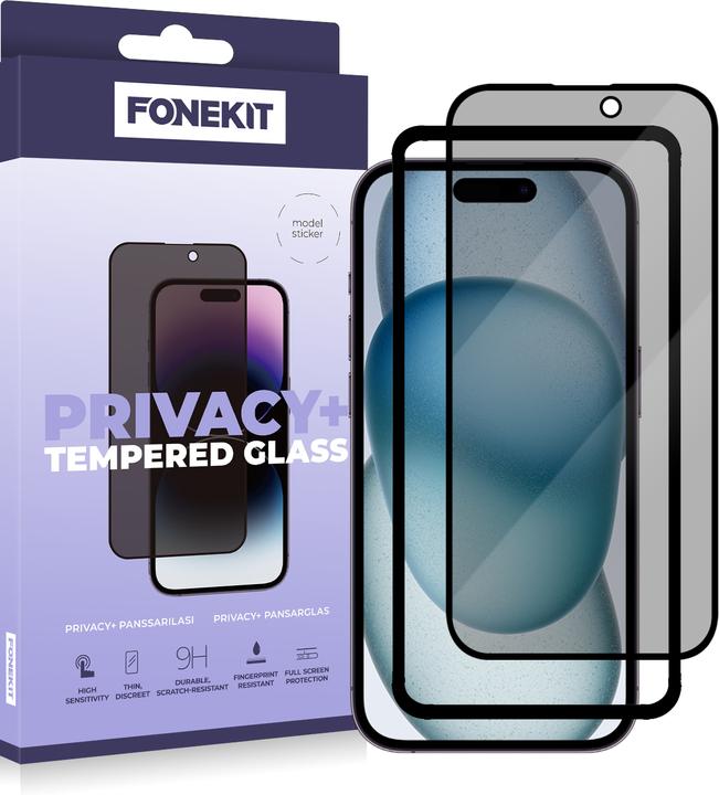 Actual product image FoneKit Privacy+ Full Cover -panssarilasi, iPhone 15 (1 Piece, Apple iPhone 15)