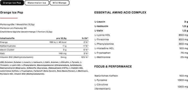 Valori nutrizionali e ingredienti Vast Total Amino Energy+ - EAAS e caffeina naturale - vegano - 375 g (Ghiacciolo all'arancia, 1 pz., 375 g)