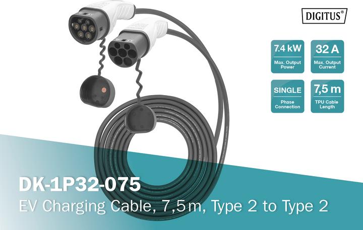 Actual product image Digitus Single phase 32A - Type 2 to Type 2 charging cable (Type 2, 7.40 kW, 32 A, 7.50 m)