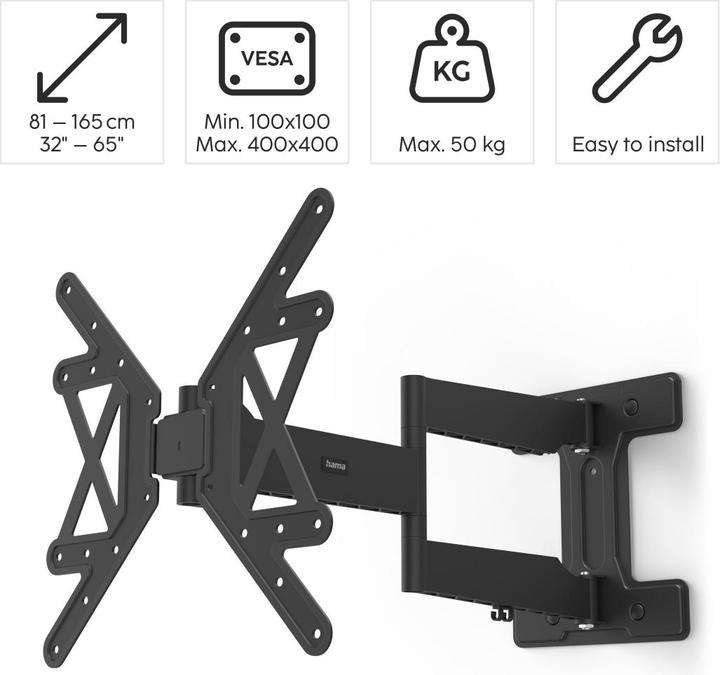 Actual product image Hama FULLMOTION TV wall mount, 400x400, 165 cm (65"), extra long arm, slim (Wall, 65", 50 kg)