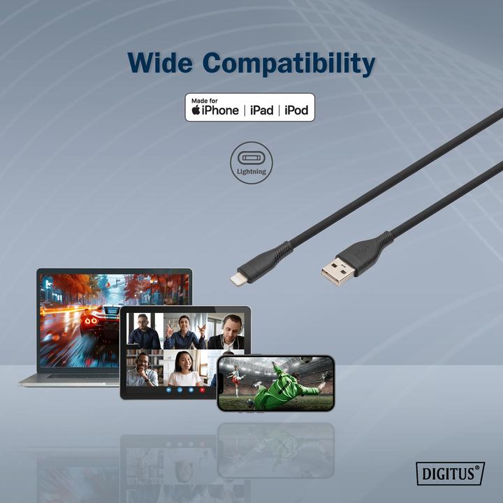 Actual product image Digitus Lightning silicone connection cable, USB-A - Lightning 0.5m, black (0.50 m, USB 2.0)