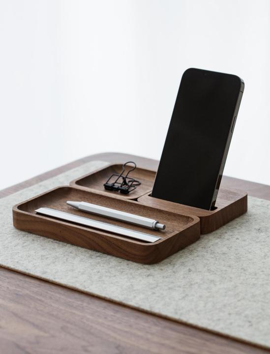 Actual product image Oakywood Smartphone Stand (OakyBlocks) - vertical wooden smartphone stand - color walnut -
